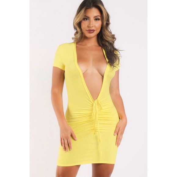 Women's Casual Deep V-Neck Short Sleeve Ruched T-Shirt Solid Sexy Dress S, M, L - Picture 3 of 12